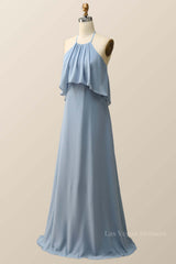 Halter Misty Blue Ruffle Chiffon Long Bridesmaid Dress