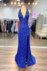 Halter Neck Royal Blue Long Prom Dresses, Shiny Royal Blue Long Formal Evening Dresses