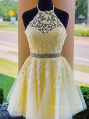 Halter Neck Short Yellow Lace Prom Dressses, Backless Short Yellow Lace Formal Homecoming Dresses