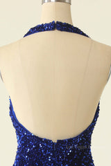 Halter Royal Blue Sequin Bodycon Dress