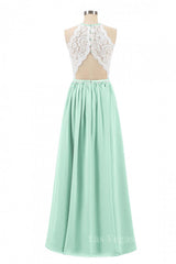 Halter White Lace and Mint Green Chiffon Long Bridesmaid Dress
