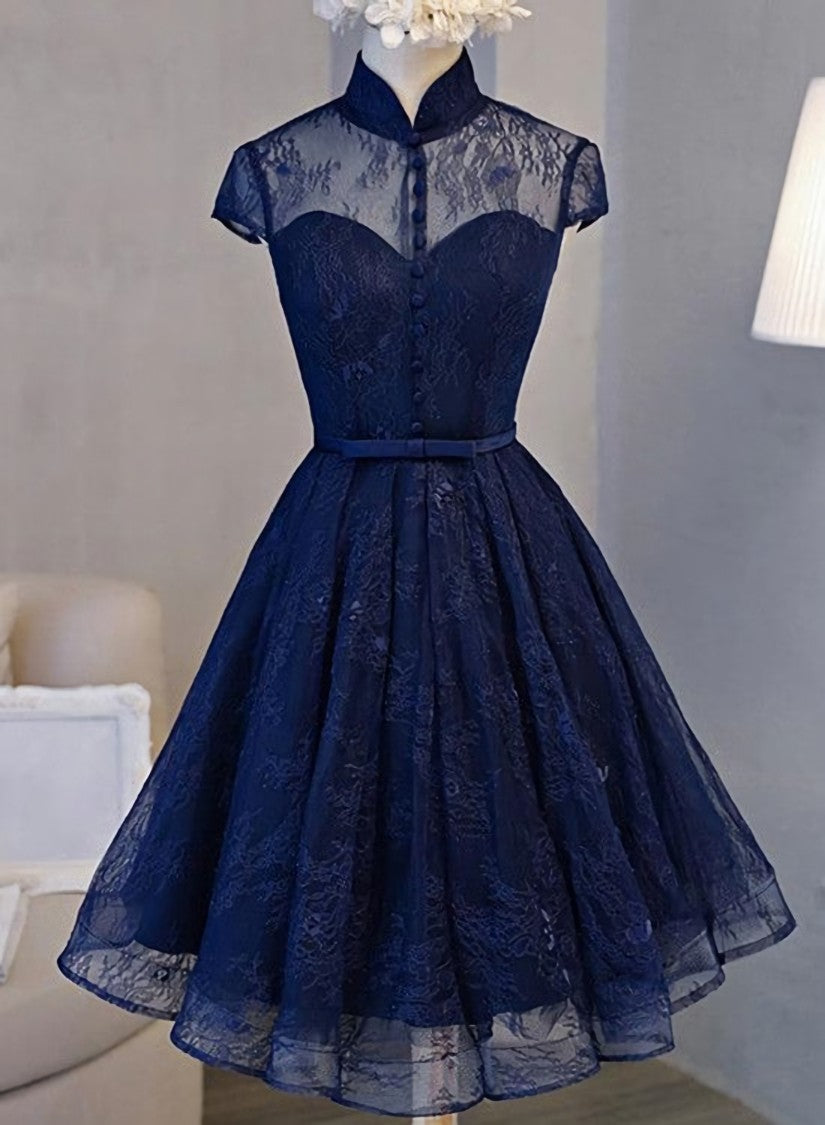High Neck Homecoming Dress, Lace Dark Navy Lace-up Short Prom Dress