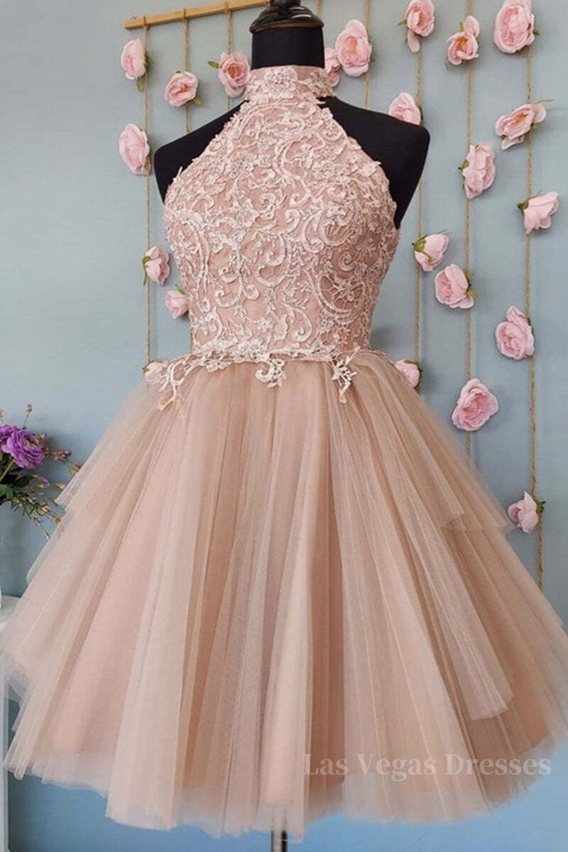 High Neck Open Back Short Champagne Lace Prom Dress, Backless Champagne Lace Formal Graduation Dress, Champagne Lace Homecoming Dress