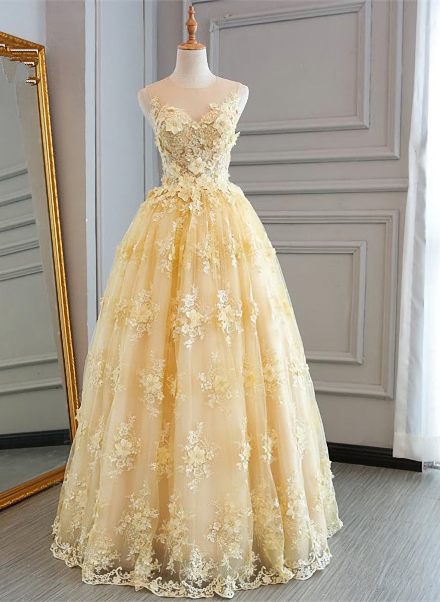 High Quality Lace Yellow Long Party Gown, A-line Evening Dress