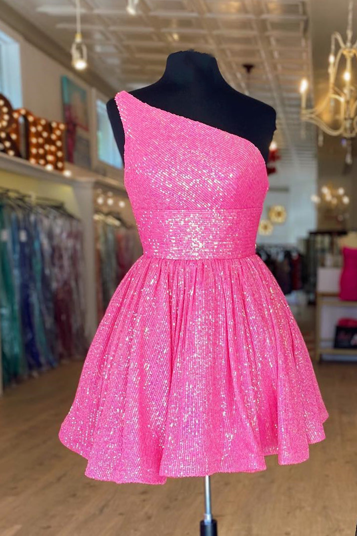 Hot Pink One Shoulder A Line Short Homecoming Dress Sequins