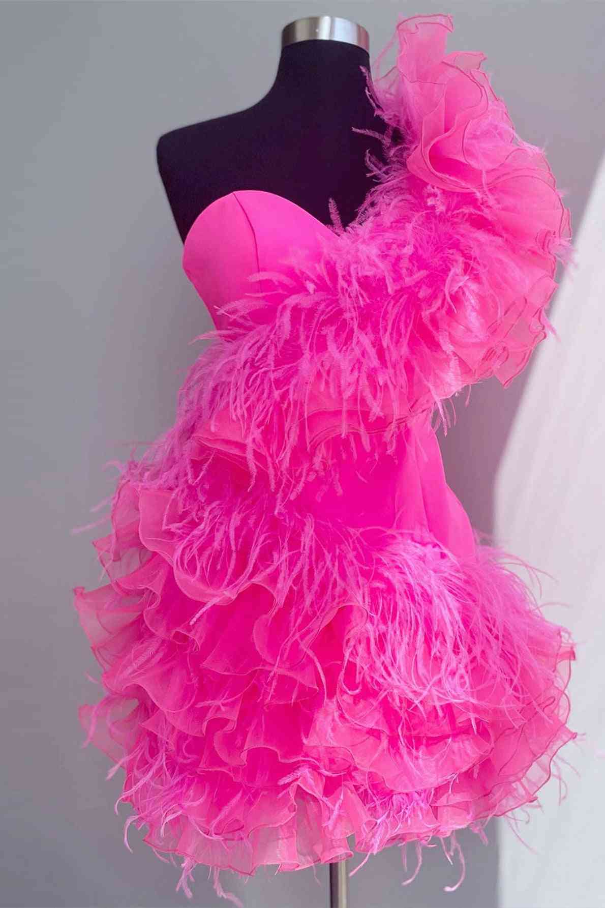 Hot Pink Ruffled Short Homecoming Dress with Feathers