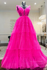 Hot Pink Tulle Long Prom Dresses, Hot Pink Long Formal Graduation Dresses