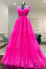 Hot Pink Tulle Long Prom Dresses, Hot Pink Long Formal Graduation Dresses