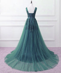 Hunter Green Tulle V-neckline Long Party Dress, Dark Green A-line Prom Dress