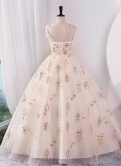 Ivory Floral Tulle Ball Gown Straps Sweet 16 Dress, Ivory Long Party Dress Formal Dress
