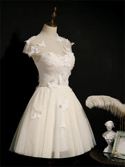 Ivory Homecoming Dress With Cap Sleeves, Butterfly Appliques Short Prom Dress
