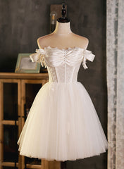 Ivory Tulle Sweetheart with Lace Short Prom Dress, Ivory Homecoming Dress
