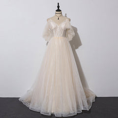Ivory Tulle V-neckline Straps Off Shoulder Long Evening Dress, A-line Prom Dress Party Dress