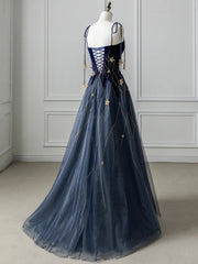 Blue Spaghetti Strap Velvet Long Prom Dress with Star, Blue Evening Dress Party Dress
