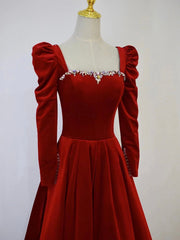 A-Line Long Sleeve Velvet Floor Length Prom Dress, Burgundy Formal Evening Dress