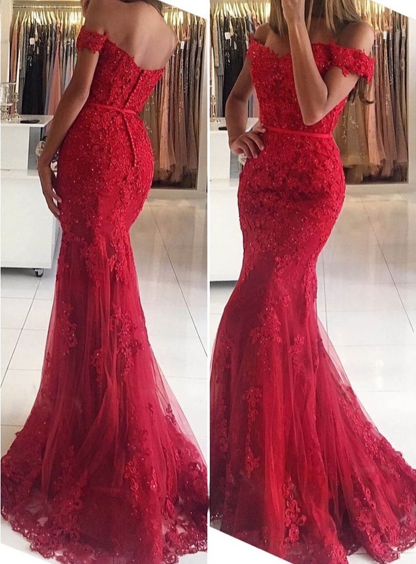 Lace Long Floor Length Trumpet Mermaid Sleeveless Off The Shoulder Zipper Prom Dress With Appliqued Beaded