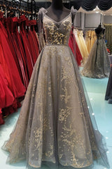 Lace V Neck A-line Long Customize Floor Length Formal Dress, Prom Dress Party Dress