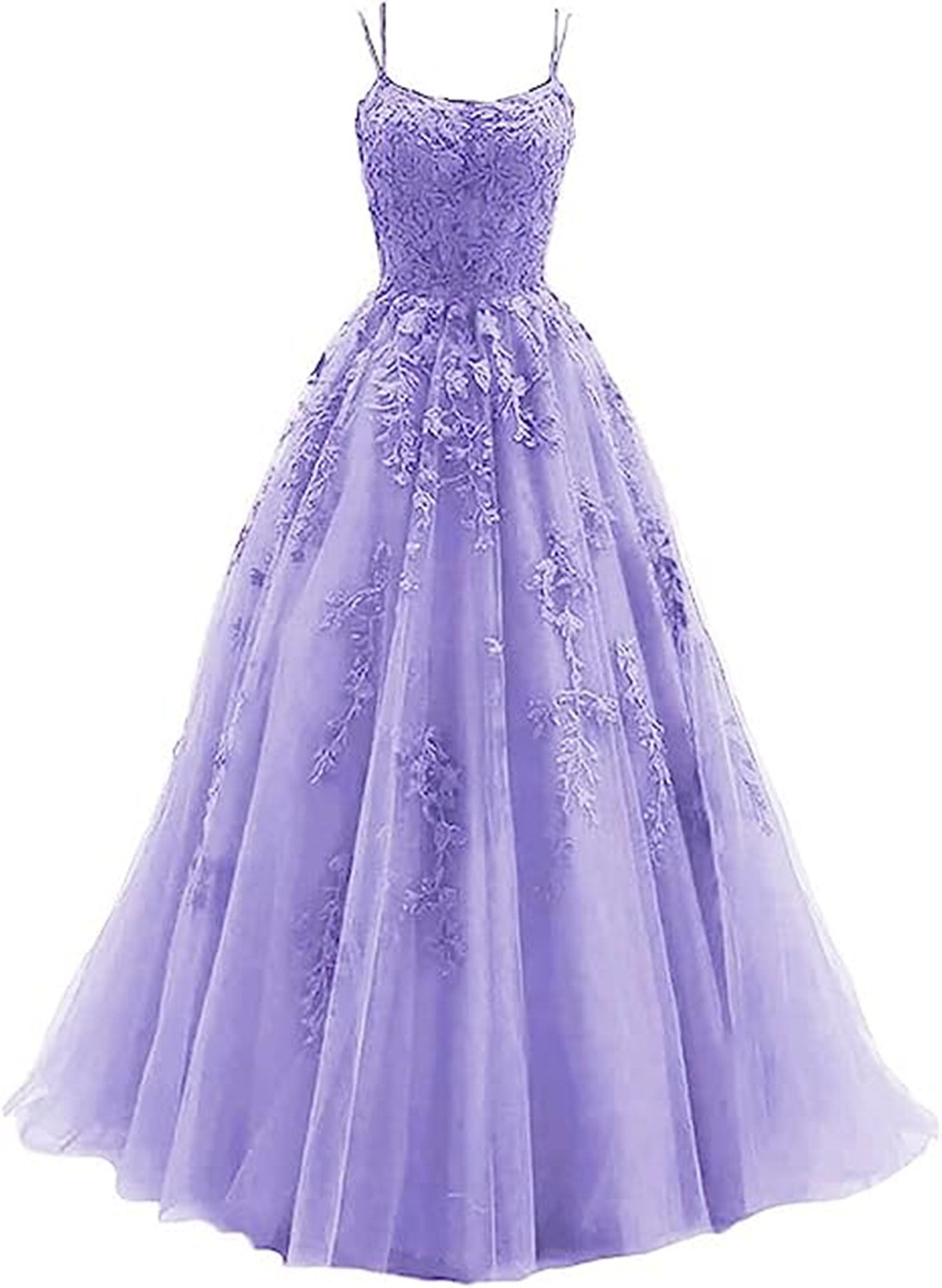 Lavender A-line Tulle with Lace Long Party Dress, Straps Lavender Prom Dress