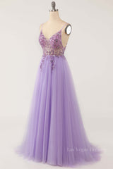 Lavender Beaded A-line Tulle Formal Dress