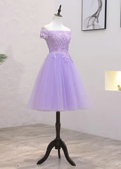 Lavender Lace Shoulder Short Cocktail Dresses A-line