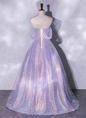Lavender Tulle and Sequins Long Prom Dress, Off Shoulder A-line Party Dress