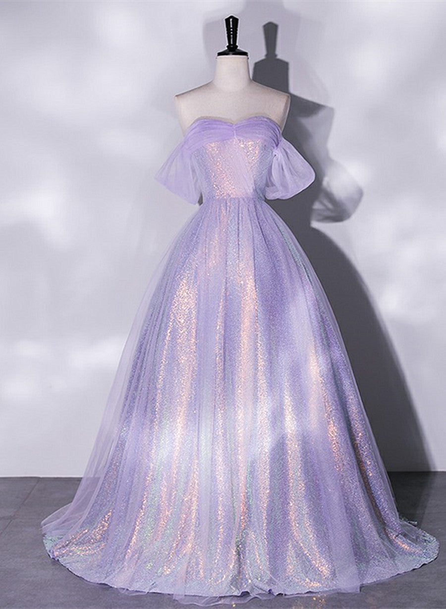 Lavender Tulle and Sequins Long Prom Dress, Off Shoulder A-line Party Dress