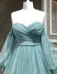 Light Blue A-line Long Sleeves Party Dress with Lace, Sweetheart Long Prom Dress