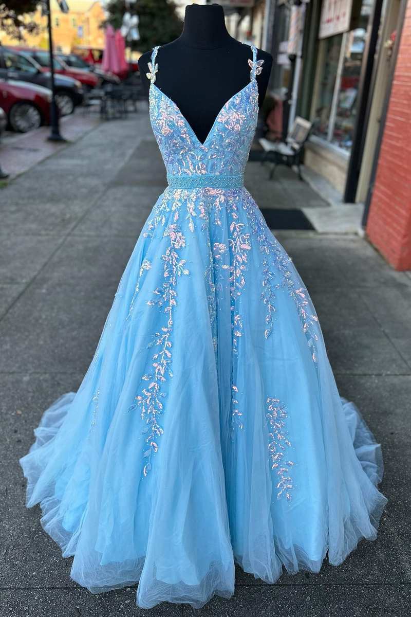 Light Blue Appliques V-Neck Belted A-Line Prom Dress
