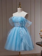 Light Blue Beaded Sweetheart Tulle Lace-up Party Dress, Blue Short Homecoming Dress