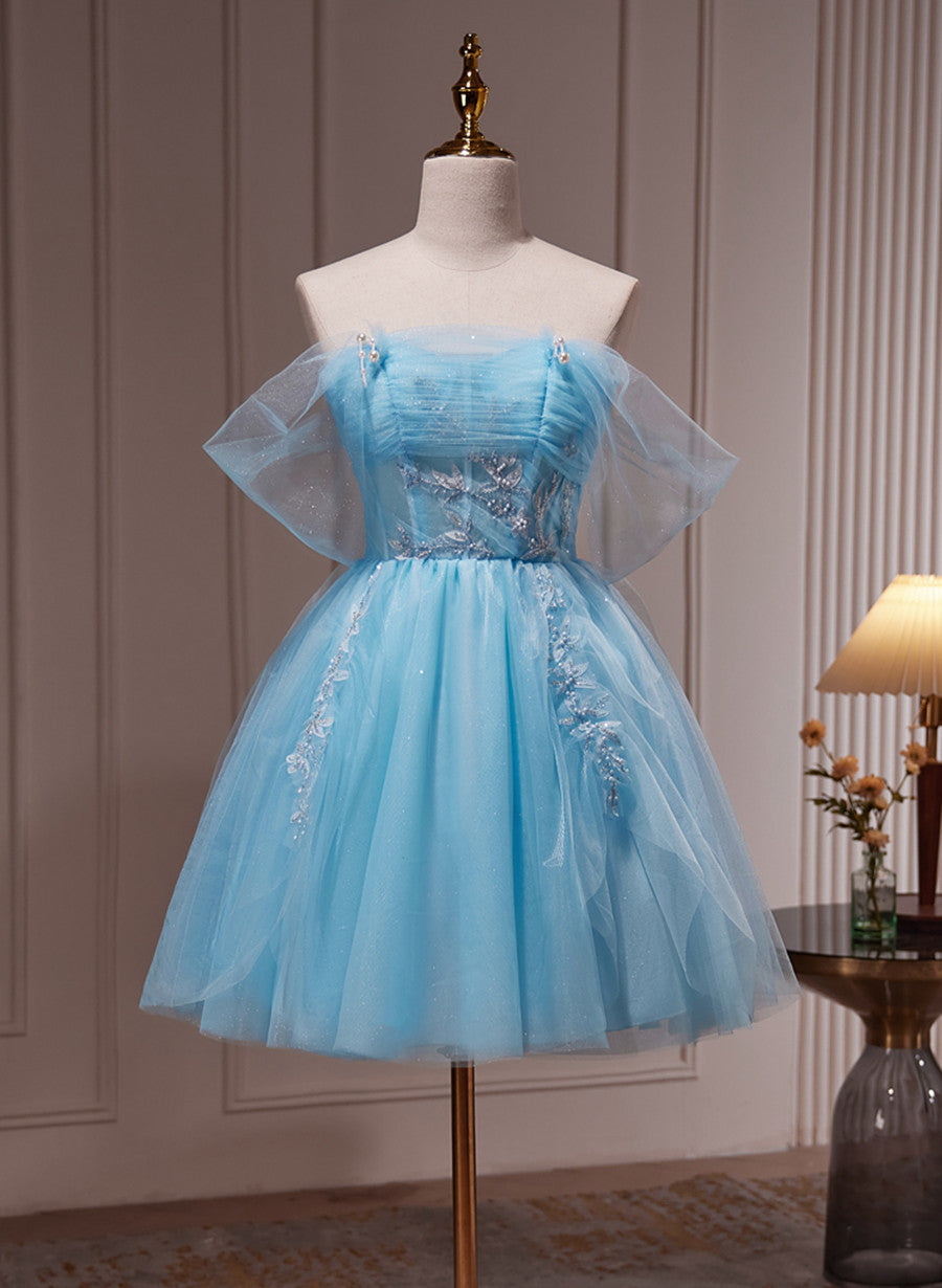 Light Blue Beaded Sweetheart Tulle Lace-up Party Dress, Blue Short Homecoming Dress
