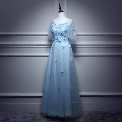 Light Blue Flowers Long Party Dress, A-line Tulle Party Dress Evening Dress