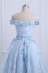 Light Blue Lace High Low Homecoming Dress,Floral Prom Dresses