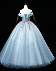 Light Blue Off Shoulder Flowers Tulle Long Party Dress, Light Blue Sweet 16 Dress