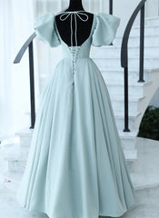 Light Blue Satin Open Back Lopng Prom Dress, Blue A-line Wedding Party Dress