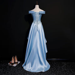Light Blue Satin with Lace Applique High Low Homecoming Dress, Blue Short Off Shoulder Formal Dress