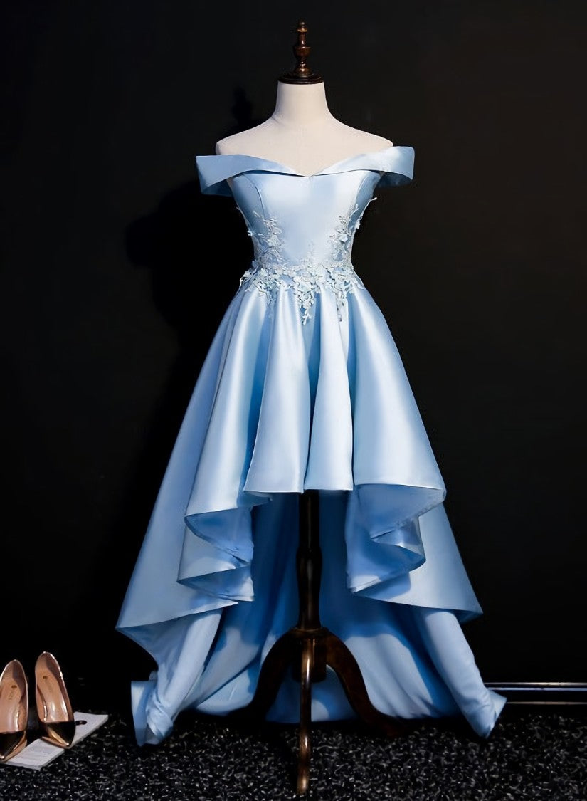 Light Blue Satin with Lace Applique High Low Homecoming Dress, Blue Short Off Shoulder Formal Dress