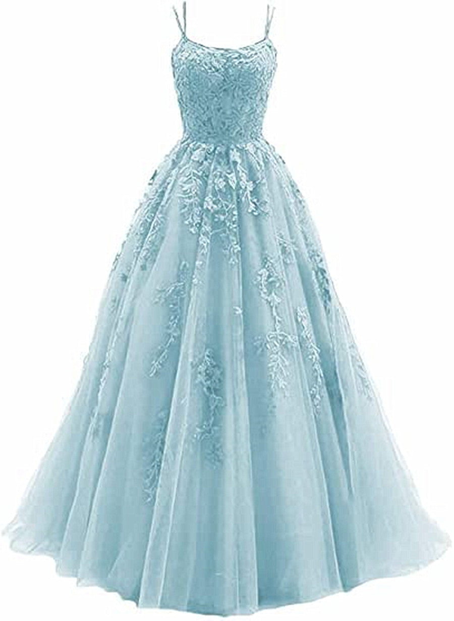 Light Blue Straps Cross Back Tulle with Lace Applique Prom Dress, Blue Formal Dress
