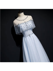Light Blue Tulle A-line Long Party Dress, Blue Prom Dresses