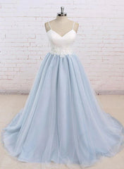 Light Blue Tulle and White Top Long Wedding Party Gowns, Straps Junior Prom Dress