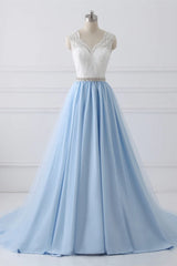 Light Blue Tulle V Back Long Party Dress with Bow, Blue Evening Dress Wedding Party Dress