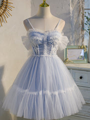 Light Blue Tulle with Beaded Short Homecoming Dresses, Blue Short Prom Dresses