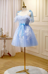 Light Blue Tulle with Lace Knee Length Party Dress, Blue Homecoming Dresses