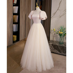Light Champagne Tulle with Light Pink Satin Prom Dress, A-line Long Formal Dress