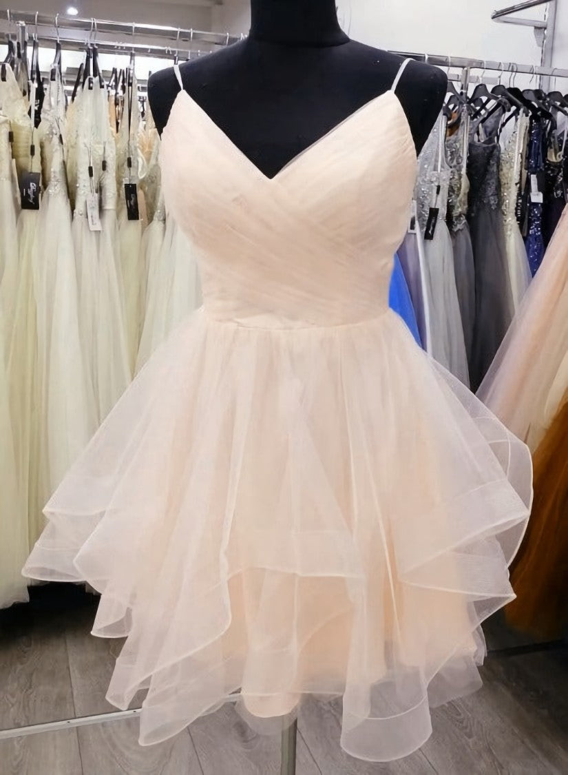 Light Champagne V-neckline Straps Homecoming Dress, Tulle Short prom Dress Graduation Dress