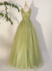 Light Green A-line Tulle with Lace Applique Prom Dress, Green Formal Dress
