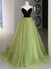Light Green and Black Beaded Straps Long Party Dress, Green Tulle Evening Dress Prom Dress