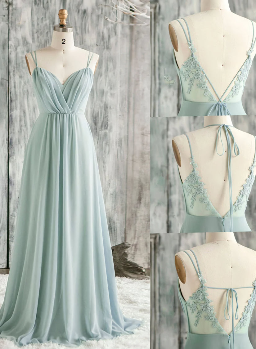 Light Green Chiffon with Lace Bridesmaid Dress, A-line Long Evening Party Dresses