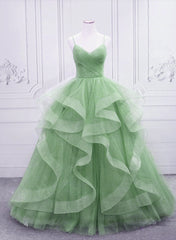 Light Green Layers Tulle Straps Long Formal Dress, Light Green Sweet 16 Gown
