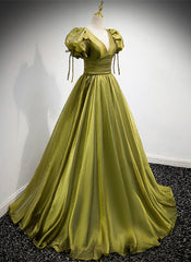 Light Green Short Sleeves Long A-line Prom Dress, Green Lace-up Party Dress