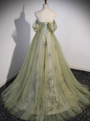 Light Green Sweetheart Tulle Beaded Party Dress, Green Long Prom Dress